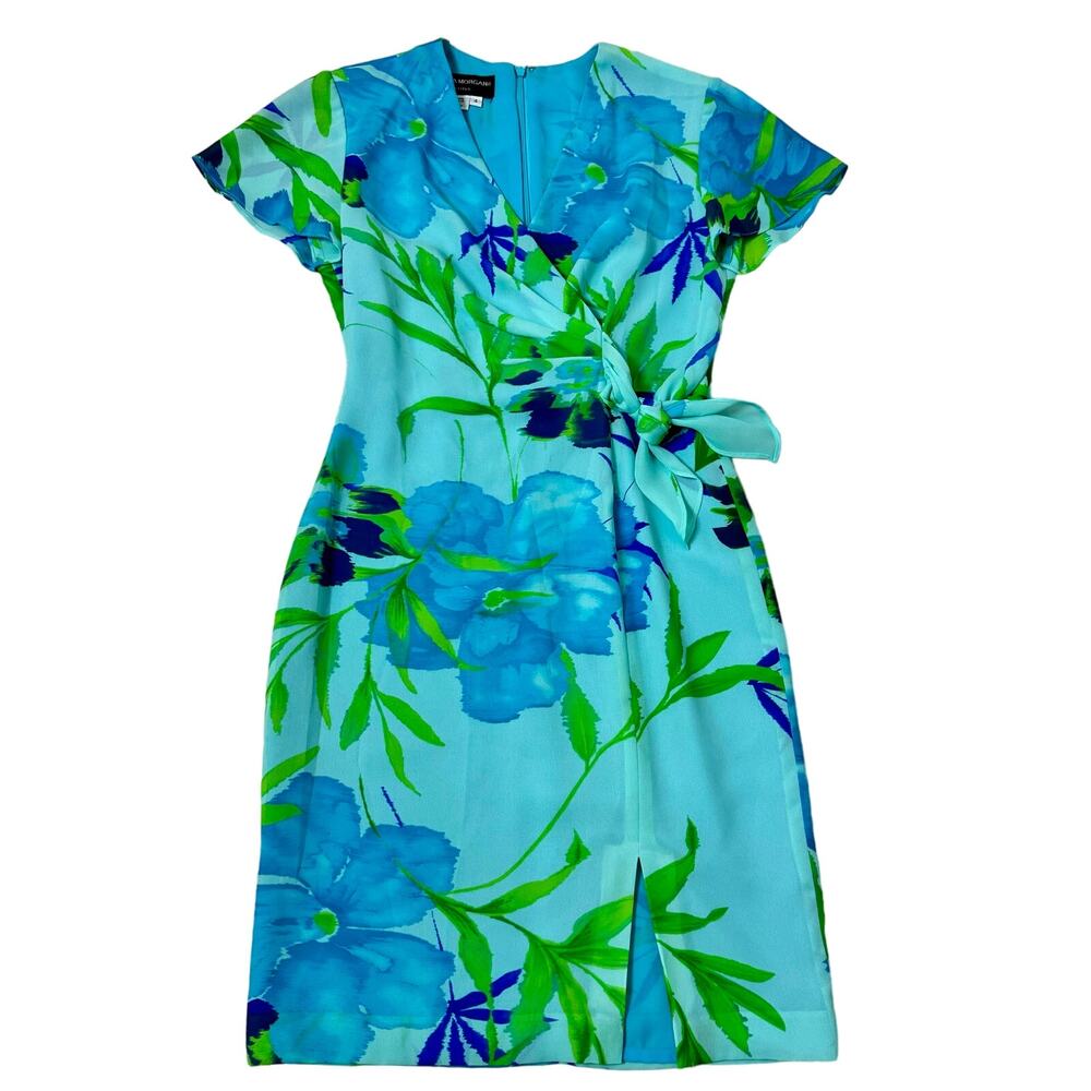 Donna Morgan Floral Faux Wrap Tie Short Sheath Dress size 4P Feminine Lined